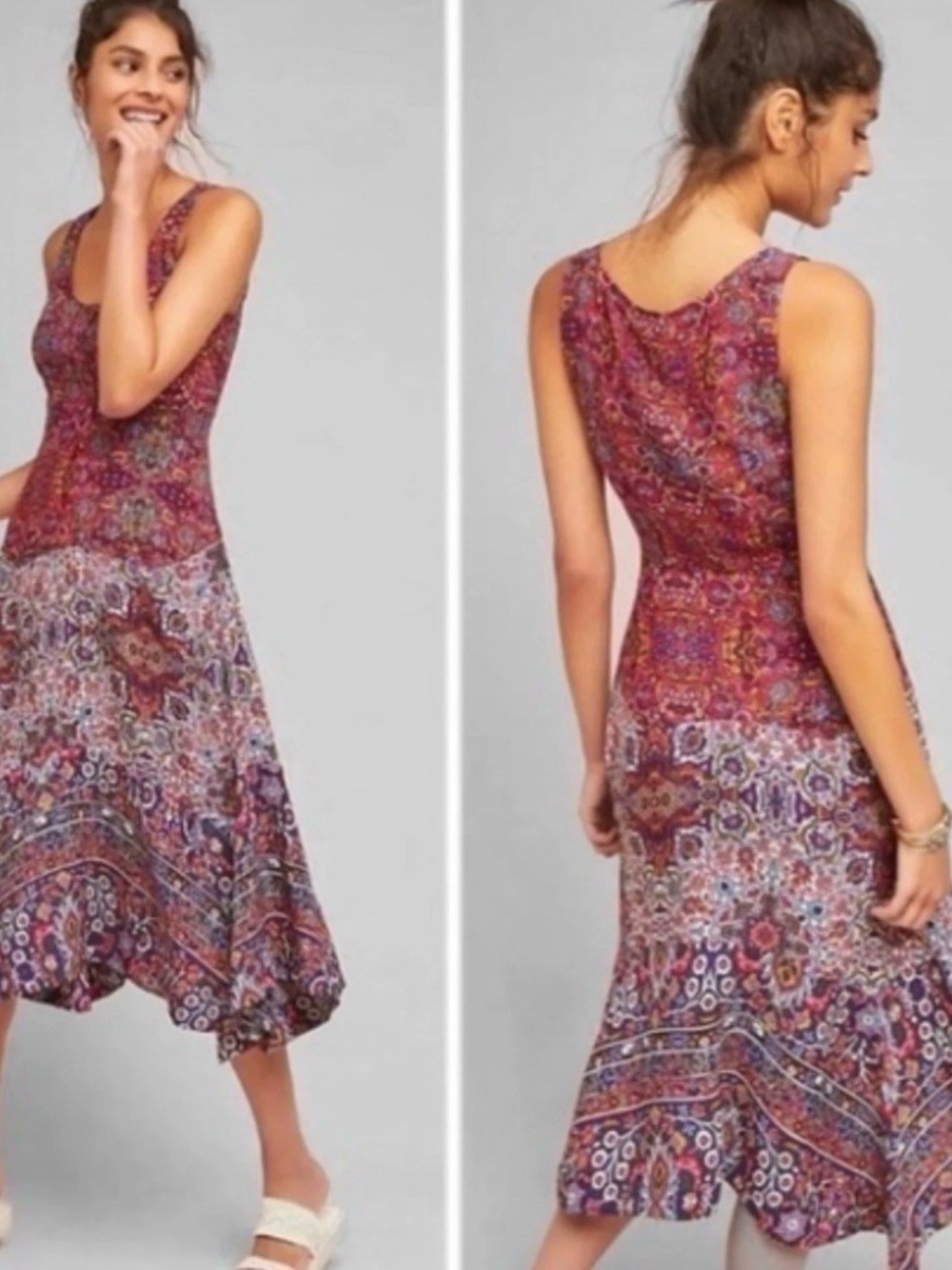 Anthropologie Maeve Midi Dress Floral Mixed Prints Assymetrical Boho Indie Sz 4